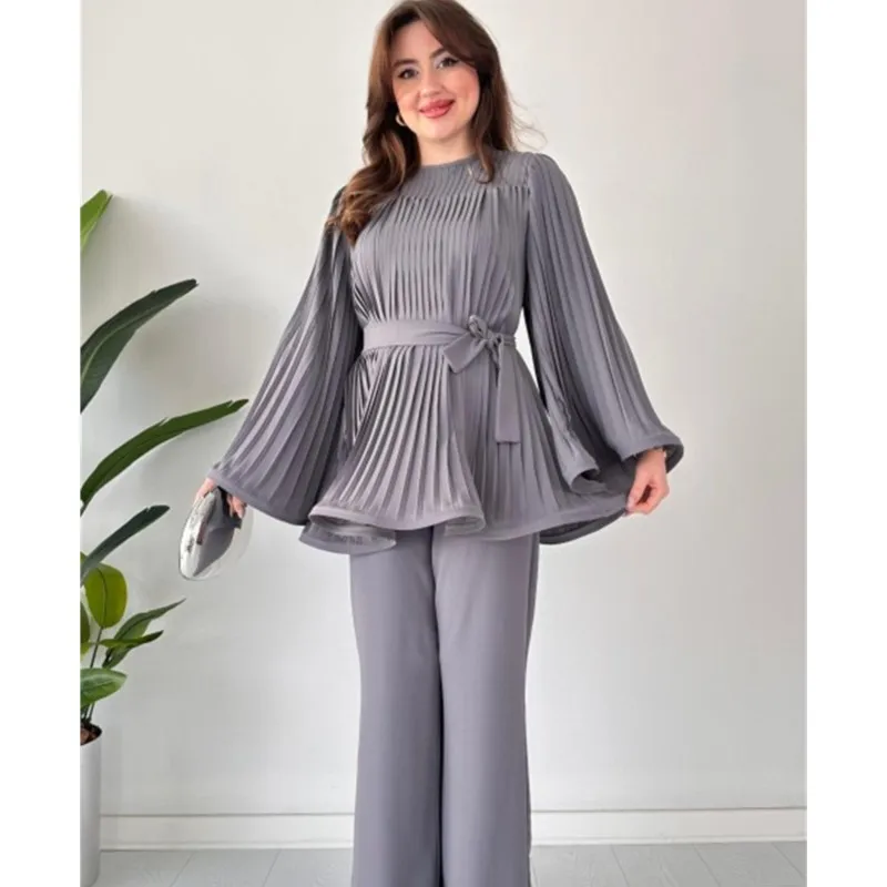 Spring Loose Lace Up Pleated Blouses 2 Piece Set Women Elegant Flared Sleeve Tops And Trousers Solid Color Office Two Piece Sets
Spring Loose Lace Up Pleated Blouses 2 Piece Set Women Elegant Flared Sleeve Tops And Trousers Solid Color Office Two Piece Sets