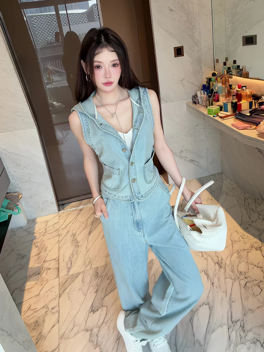 Sweet Cool Street Style Denim Set Women's Summer New Sleeveless Hooded Top Straight Leg Wide Leg Pants Two Piece Set
Sweet Cool Street Style Denim Set Women's Summer New Sleeveless Hooded Top Straight Leg Wide Leg Pants Two Piece Set