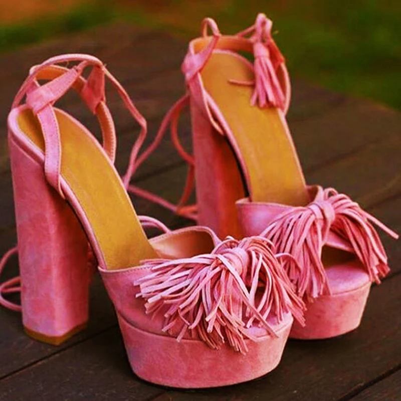 Peach Pink Platform Thick Heels Tassel Woman Sandal Peep Toe Ankle Strap Fringed Lace up Super High Heel Gladiator Summer Shoes
Peach Pink Platform Thick Heels Tassel Woman Sandal Peep Toe Ankle Strap Fringed Lace up Super High Heel Gladiator Summer Shoes