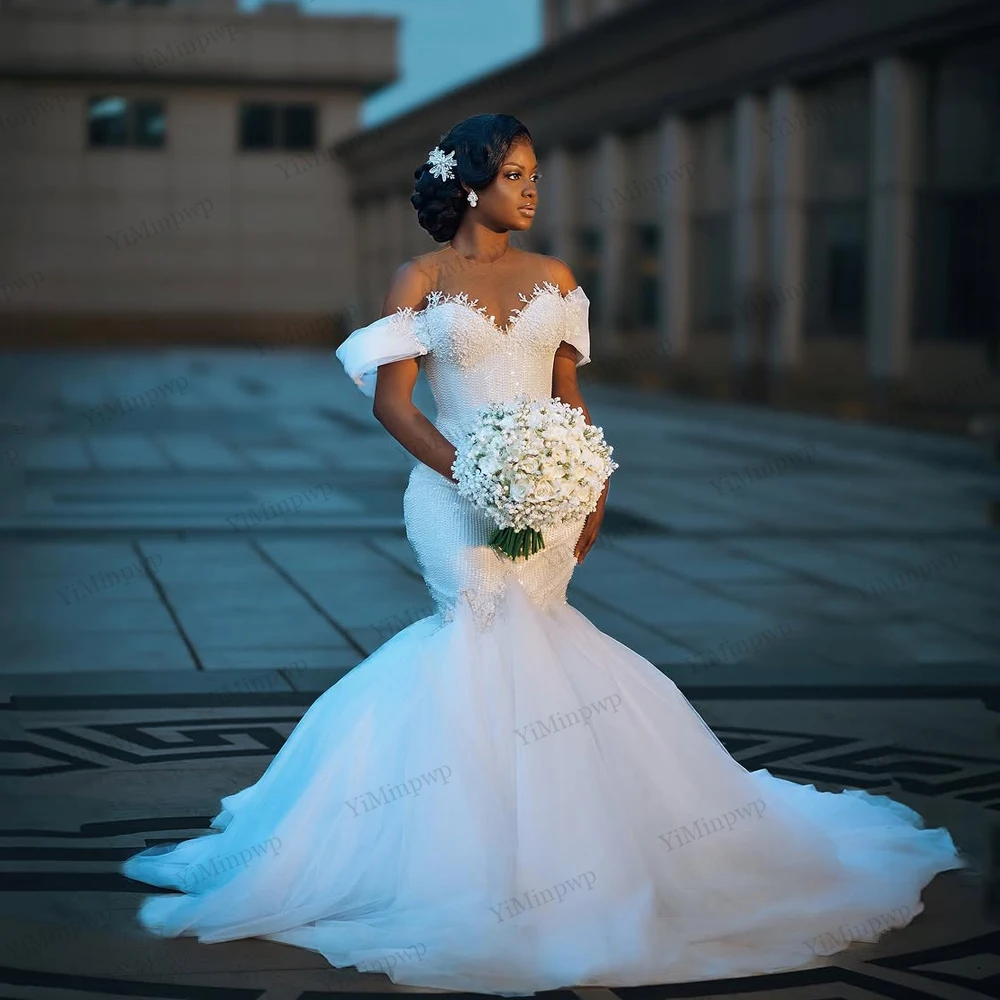 Spark Crystals Beads Mermaid Wedding Dress Off Shoulder Lace Up Back Applique O-Neck Bridal Gown Robe Aso Ebi Customized
Spark Crystals Beads Mermaid Wedding Dress Off Shoulder Lace Up Back Applique O-Neck Bridal Gown Robe Aso Ebi Customized
