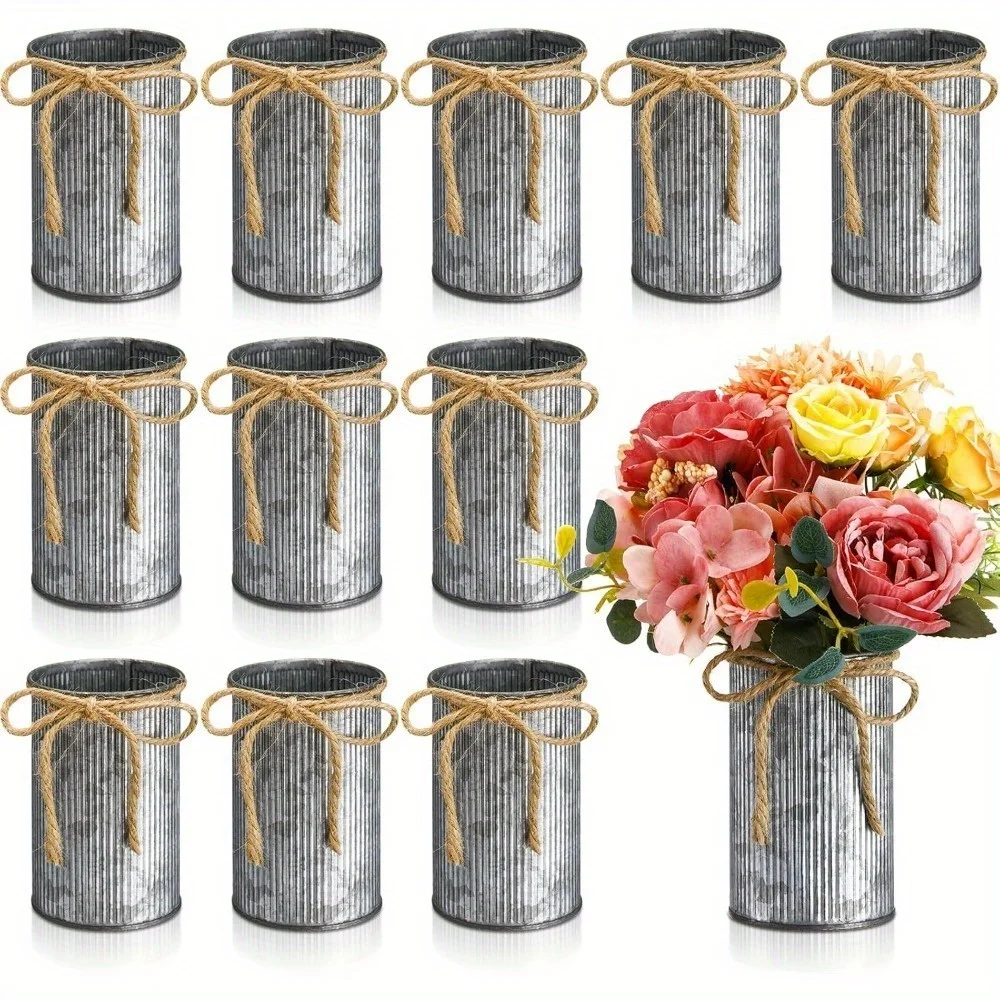12Pcs 4.33" Farmhouse Vases - Vintage Galvanized Metal Buckets with Twine Bows - Rustic Decor for Artificial Flowers
12Pcs 4.33" Farmhouse Vases - Vintage Galvanized Metal Buckets with Twine Bows - Rustic Decor for Artificial Flowers