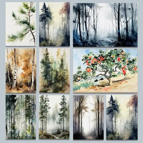 Trees / Forest Watercolor Poster Pomegranate Tree Birch Foggy Forest Canvas Painting Plant Wall Art Picture Office Home Decor
