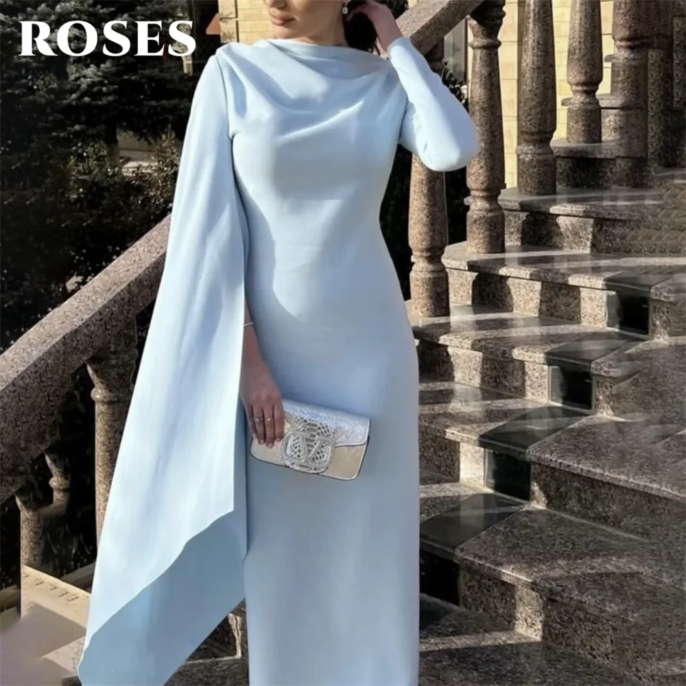 ROSES Graceful Light Blue Evening Dress Classic Boat Neck Satin Prom Dress with Asymmetric Cape Sleeve فساتين السهرة Customized
ROSES Graceful Light Blue Evening Dress Classic Boat Neck Satin Prom Dress with Asymmetric Cape Sleeve فساتين السهرة Customized