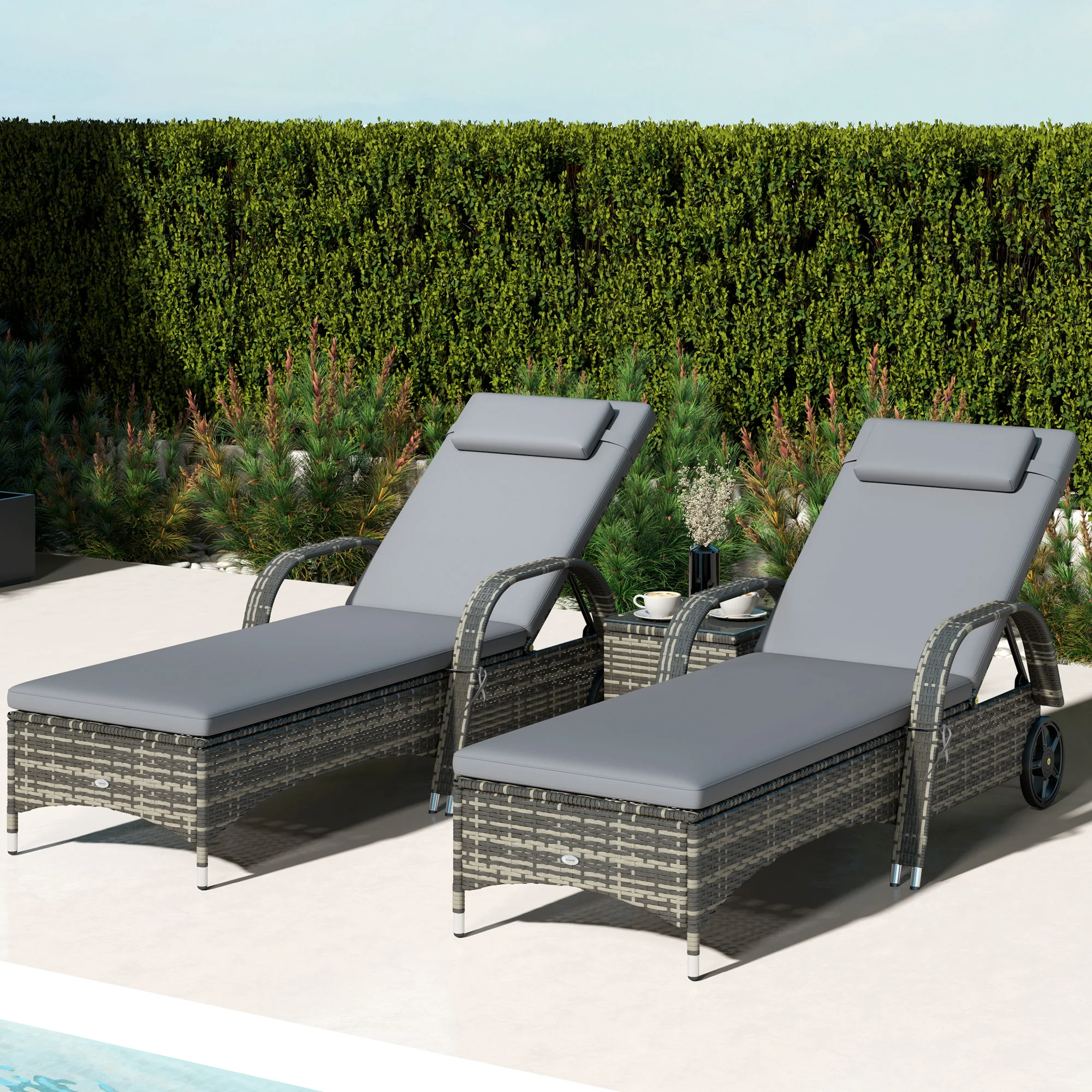 3Pc Outdoor Set, 2 Reclining Chairs, Cushions, Wheels, Side Table, Pe Wicker
3Pc Outdoor Set, 2 Reclining Chairs, Cushions, Wheels, Side Table, Pe Wicker
