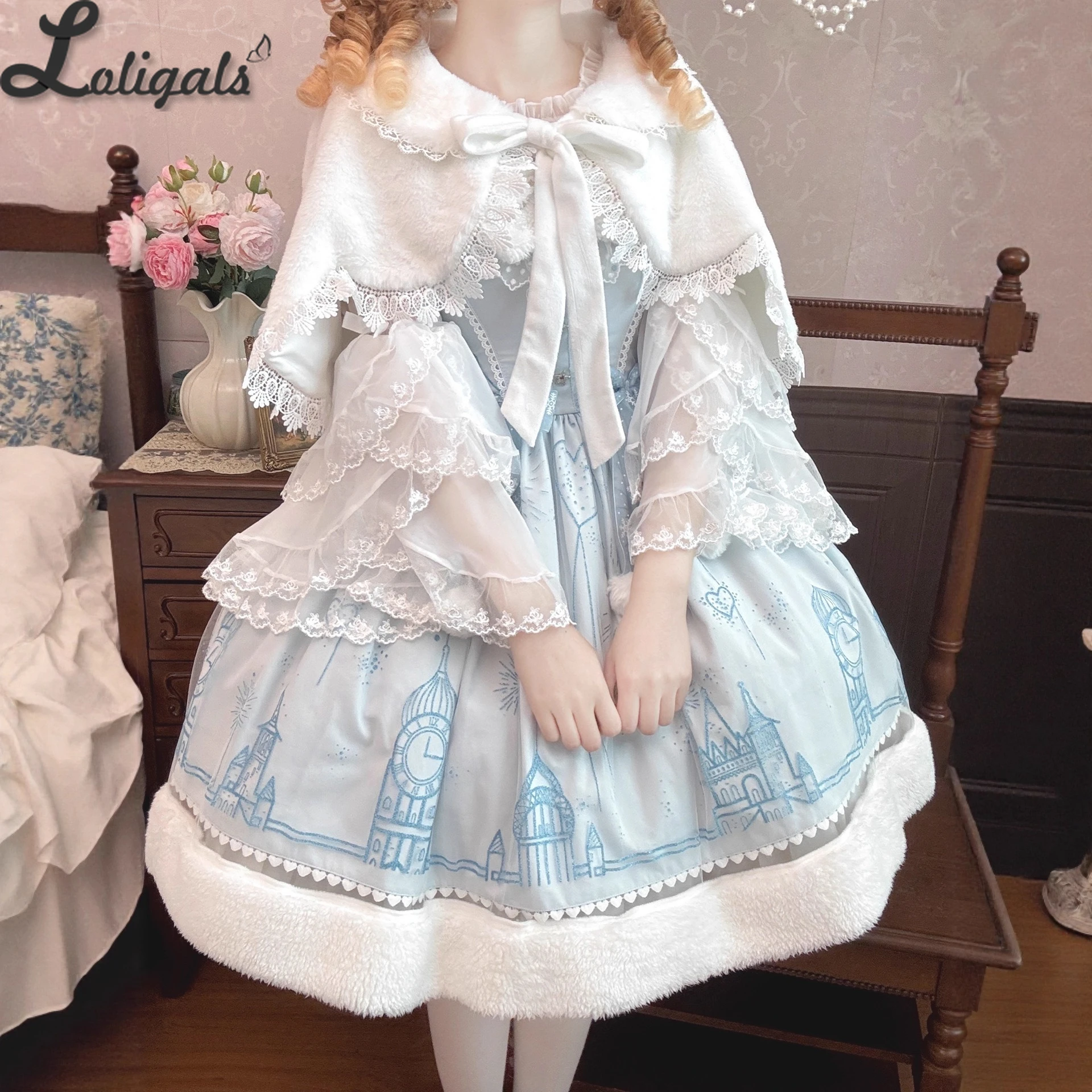 Sweet Lolita Dress Cute Printed JSK Dress / Lace Trimmed Winter Shrug Top ~ Snowflake Castle
Sweet Lolita Dress Cute Printed JSK Dress / Lace Trimmed Winter Shrug Top ~ Snowflake Castle