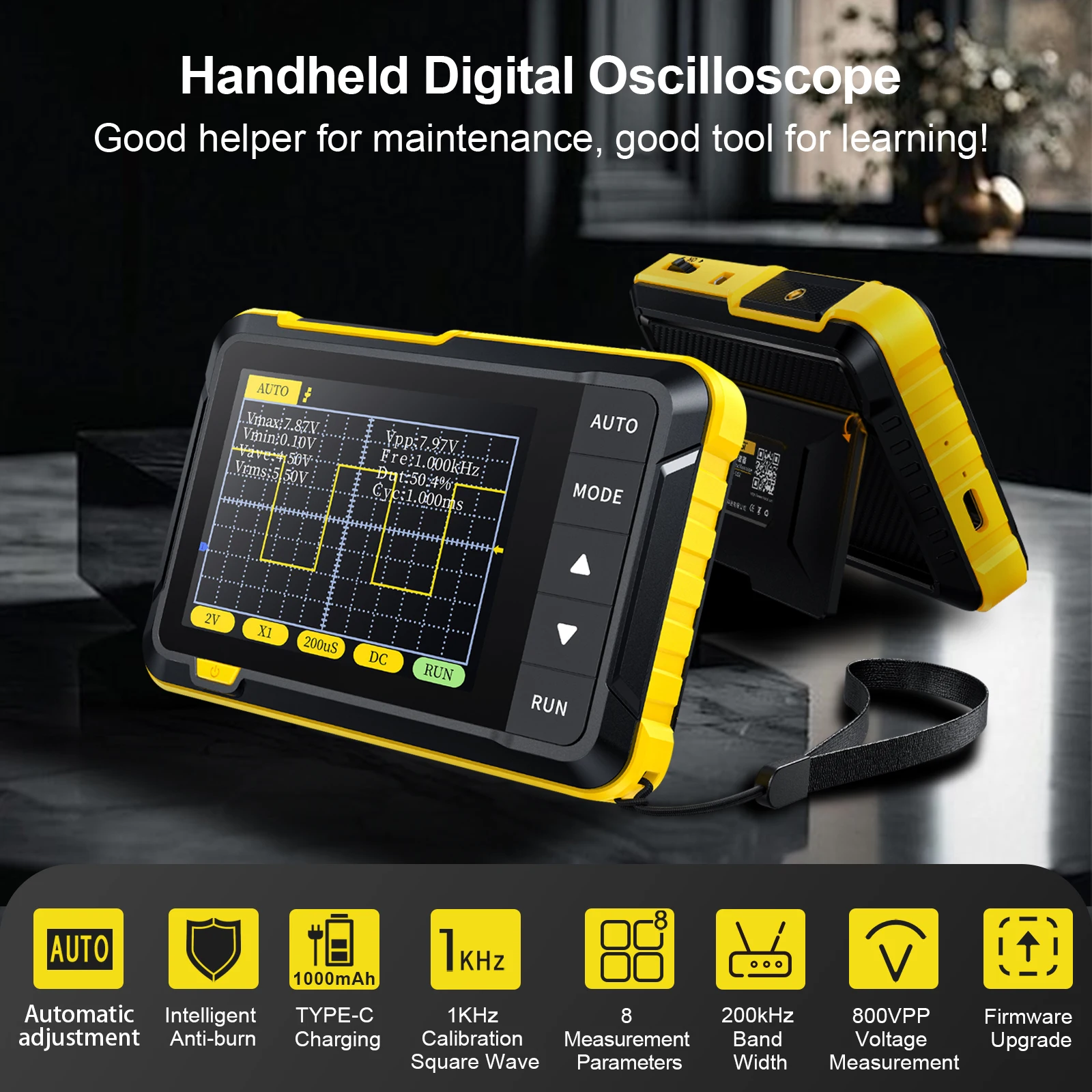 Handheld Oscilloscope, 400 V 200 kHz 2.5 MS/s Oscilloscope, Real Time Sample Rate Handheld Oscilloscope with OTA Upgrade
Handheld Oscilloscope, 400 V 200 kHz 2.5 MS/s Oscilloscope, Real Time Sample Rate Handheld Oscilloscope with OTA Upgrade