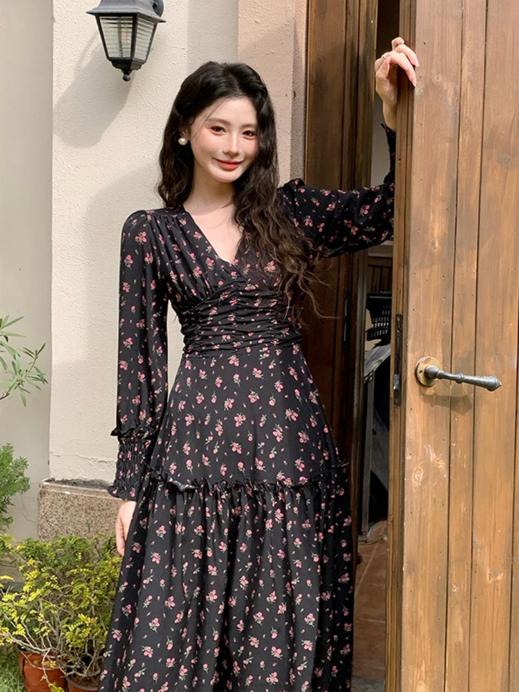 Fashion Women's V Neck Midi Clothes New Spring Summer Long Sleeve Flower Priting High Waist Slim A Line Elegant Party Dress
Fashion Women's V Neck Midi Clothes New Spring Summer Long Sleeve Flower Priting High Waist Slim A Line Elegant Party Dress