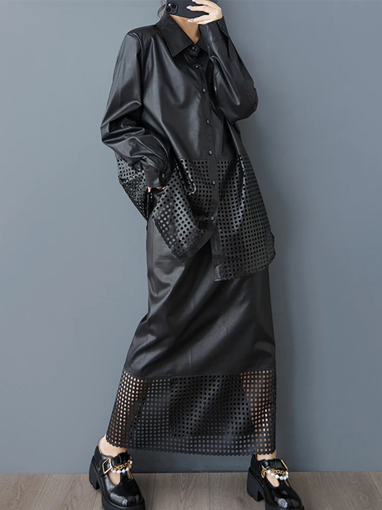 Vintage Two-Piece PU Tops and Skirts Sets Hollow Out Women Outfits Loose Casual Black Suits Elastic High Waist Split Skirts
Vintage Two-Piece PU Tops and Skirts Sets Hollow Out Women Outfits Loose Casual Black Suits Elastic High Waist Split Skirts