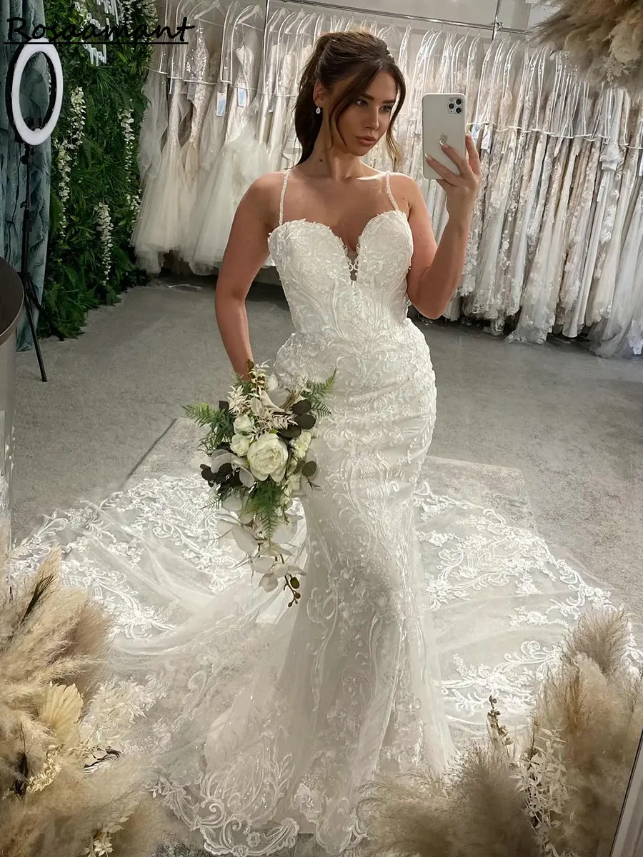 Gorgeous Illusion Back Sleeveless Mermaid Wedding Dresses Spaghetti Straps Appliques Lace Boho Country Customized Bridal Gowns
Gorgeous Illusion Back Sleeveless Mermaid Wedding Dresses Spaghetti Straps Appliques Lace Boho Country Customized Bridal Gowns