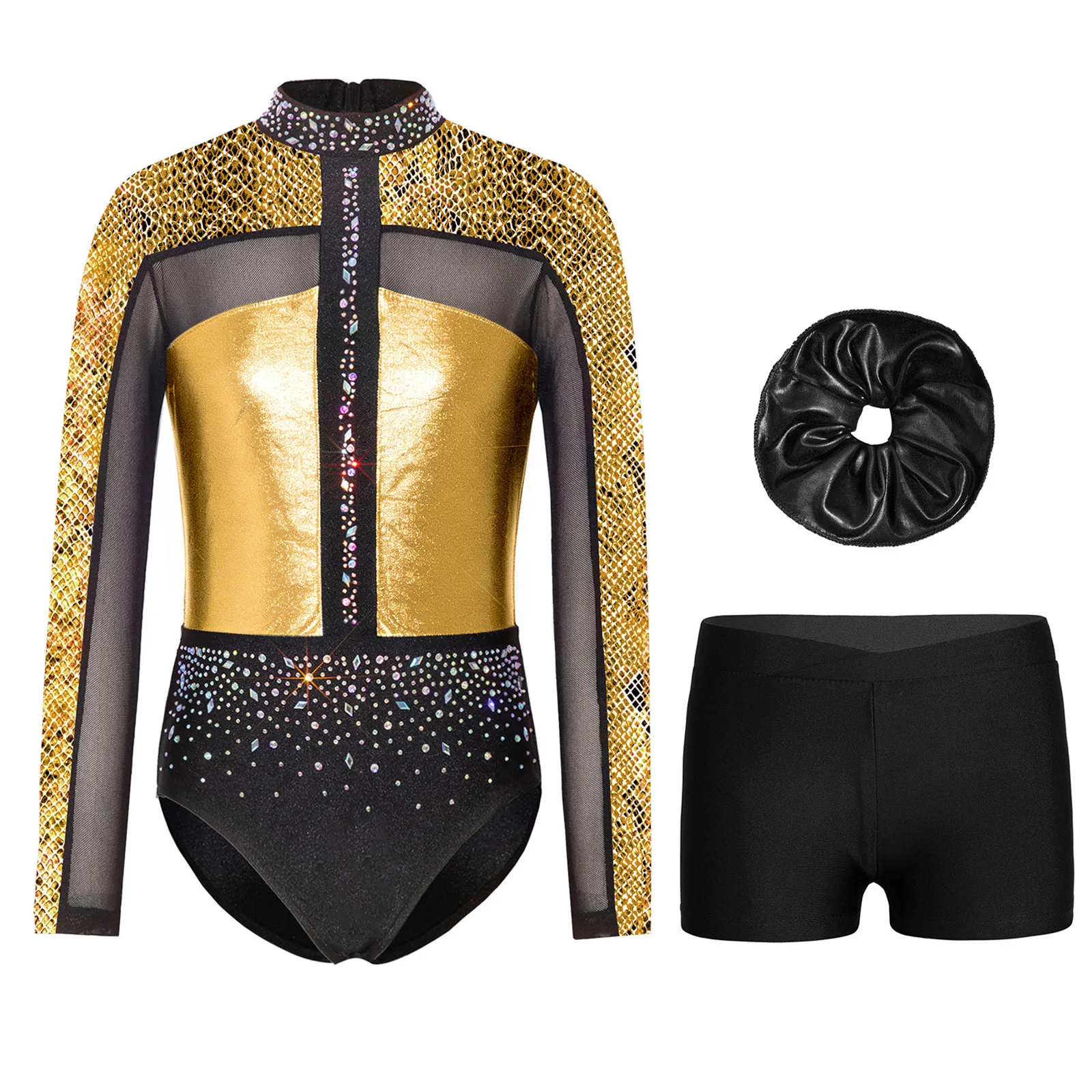 Girls Ballet Gymnastics Sets Sparkle Rhinestones Long Sleeve Leotards with Shorts and Hairtie Dance Outfits for Stage Dancewear
Girls Ballet Gymnastics Sets Sparkle Rhinestones Long Sleeve Leotards with Shorts and Hairtie Dance Outfits for Stage Dancewear