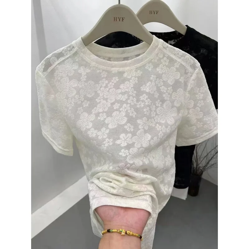 Женская футболка с коротким рукавом из свежего кружева и жаккарда Design Sense, новая летняя модная стильная рубашка, модный топ
Женская футболка с коротким рукавом из свежего кружева и жаккарда Design Sense, новая летняя модная стильная рубашка, модный топ