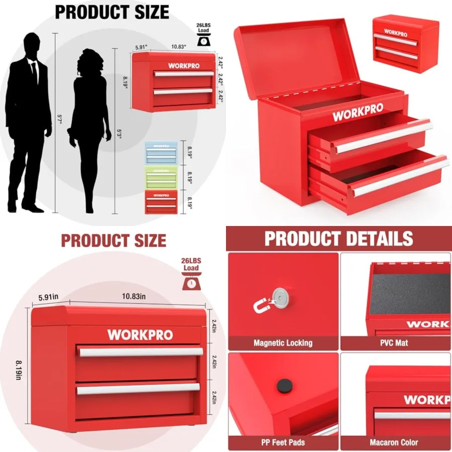 Mini Metal Tool Box with 2 Drawers and Top Storage, Small Tool Chest with PVC Liners and PP Feet Pads, Cold Rolled Steel Toolbox with Magnetic Tab
Mini Metal Tool Box with 2 Drawers and Top Storage, Small Tool Chest with PVC Liners and PP Feet Pads, Cold Rolled Steel Toolbox with Magnetic Tab