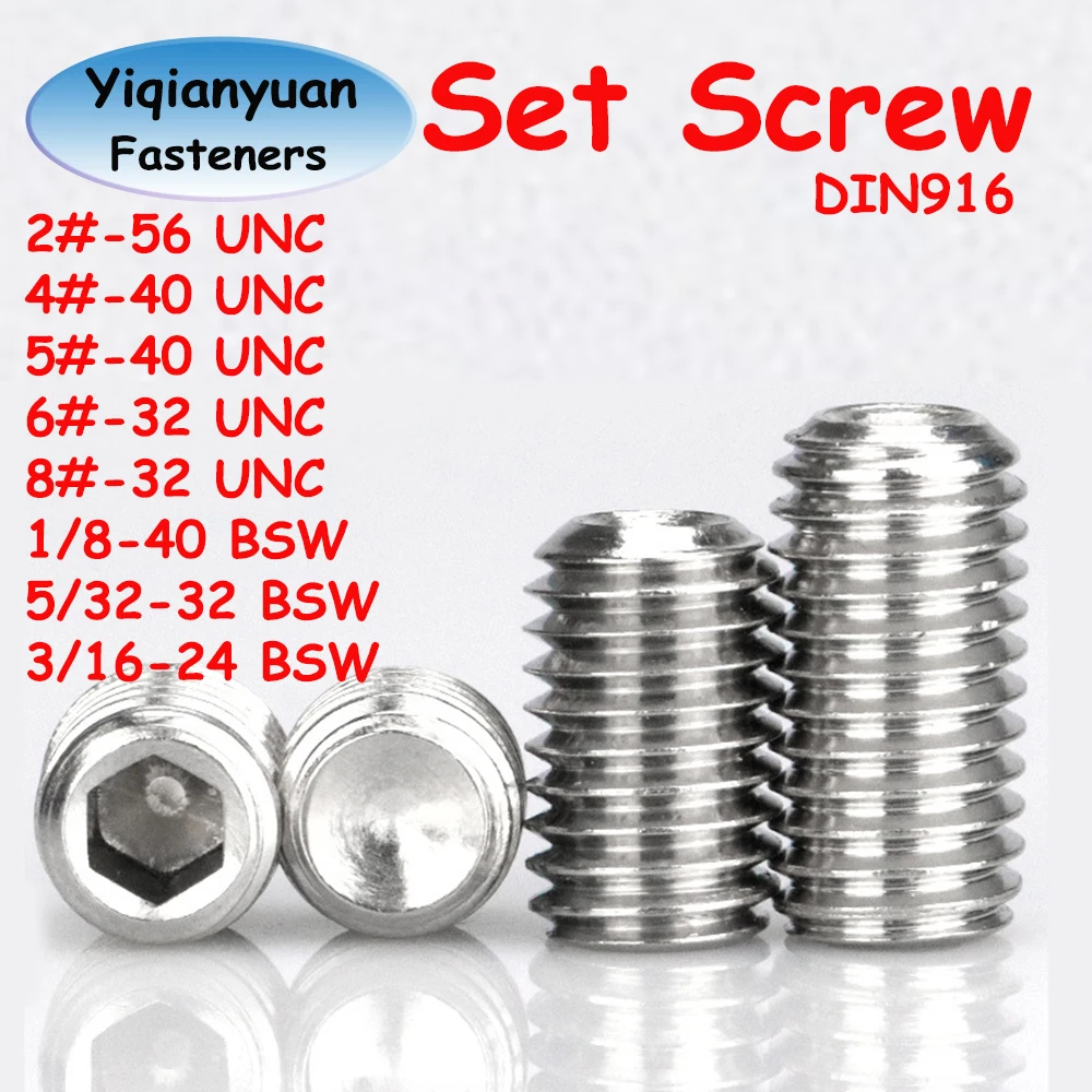 Yiqianyuan 2# 4# 5# 6# 8# UNC 1/8'' 5/32'' 3/16'' SUS304 Stainless Steel Hex Socket Set Screws With Cup Point Headless Screws
Yiqianyuan 2# 4# 5# 6# 8# UNC 1/8'' 5/32'' 3/16'' SUS304 Stainless Steel Hex Socket Set Screws With Cup Point Headless Screws
