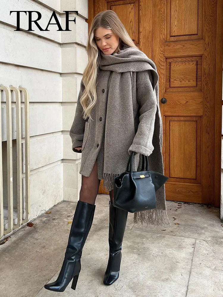 TRAF 2024 Spring Women's Fashion Coat Knit Long Sleeve Scarf Pocket Single Breasted Button Elegant Outerwear Loose Warm Coats
TRAF 2024 Spring Women's Fashion Coat Knit Long Sleeve Scarf Pocket Single Breasted Button Elegant Outerwear Loose Warm Coats