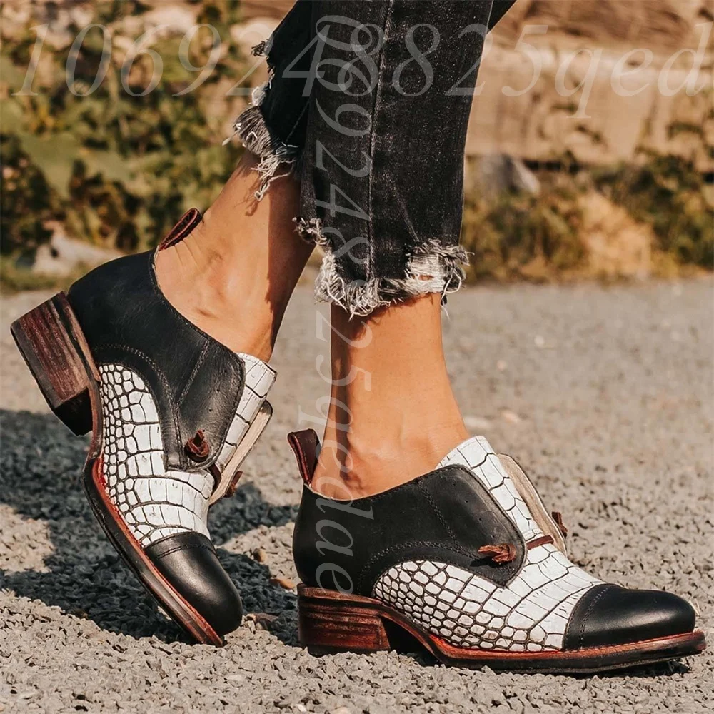 Women's Vintage Color Block Heel Monk Strap Oxford Shoes Croc-Embossed Distressed Cap Toe Retro Footwear Burnished Finish Design
Women's Vintage Color Block Heel Monk Strap Oxford Shoes Croc-Embossed Distressed Cap Toe Retro Footwear Burnished Finish Design