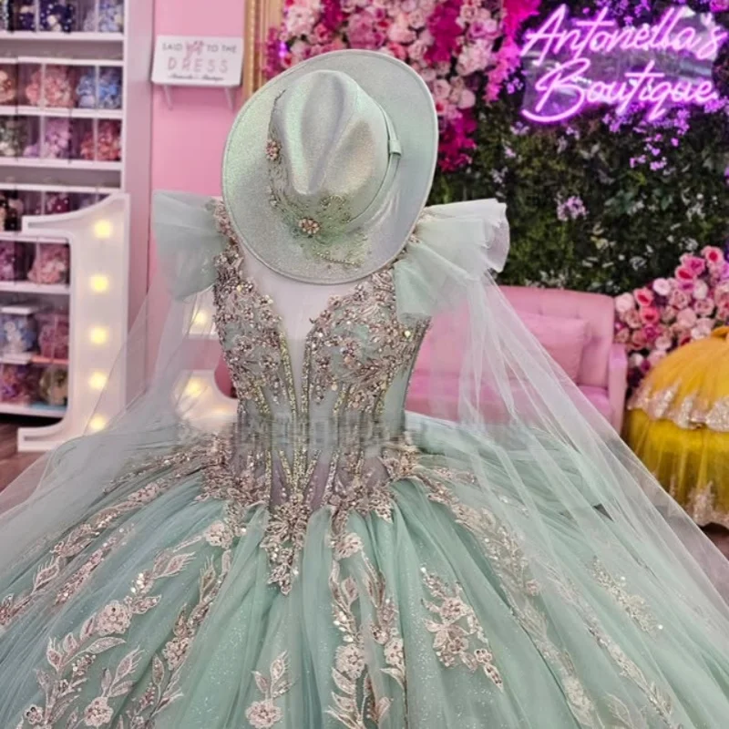 Customized mint green Quinceanera Dresses Off the Shoulder glitter decal crystal Tull Long tail Bow Vestido 15 Quinceanera
Customized mint green Quinceanera Dresses Off the Shoulder glitter decal crystal Tull Long tail Bow Vestido 15 Quinceanera