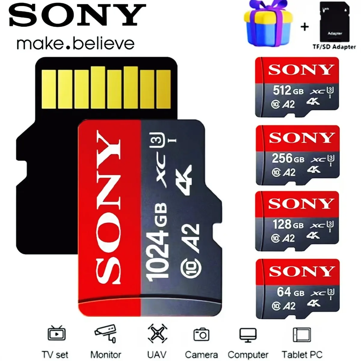 Sony 1TB 512GB 256GB 128GB 64GB 32GB Micro SD Card C10 U3 V30 High Speed 4K Surveillance Phone Camera Drone Direct Storage
Sony 1TB 512GB 256GB 128GB 64GB 32GB Micro SD Card C10 U3 V30 High Speed 4K Surveillance Phone Camera Drone Direct Storage