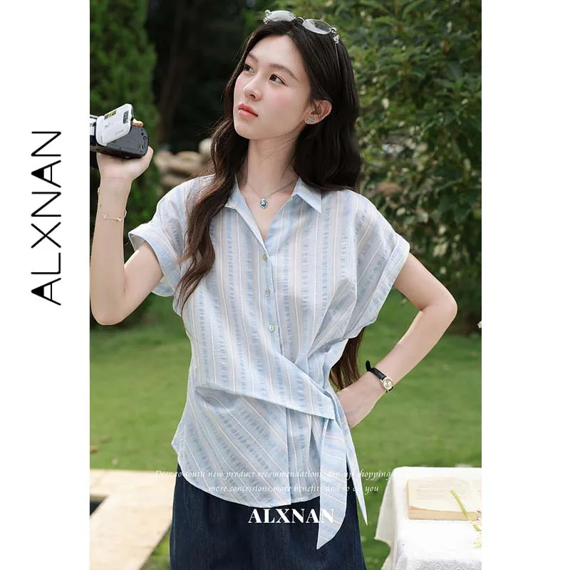 ALXNAN Women's Blue Striped Shirt Summer New Short Sleeve Top Lapel Cross Twist Side Waist Elegant Office Commute Top L66707
ALXNAN Women's Blue Striped Shirt Summer New Short Sleeve Top Lapel Cross Twist Side Waist Elegant Office Commute Top L66707