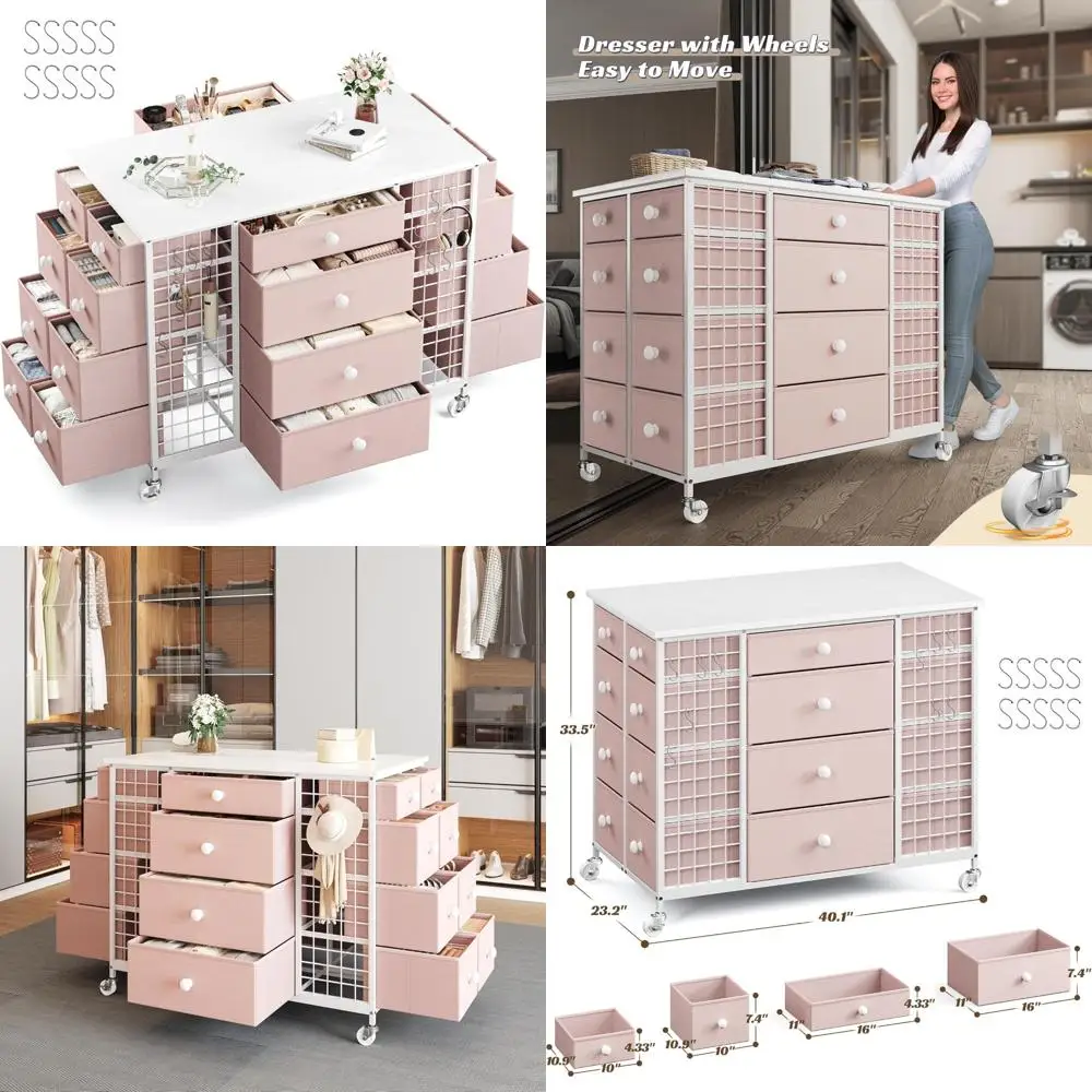 Комод для спальни с 24 ящиками, деревянной столешницей размером 40 x 23 дюйма и металлическим каркасом на колесах.
Комод для спальни с 24 ящиками, деревянной столешницей размером 40 x 23 дюйма и металлическим каркасом на колесах.