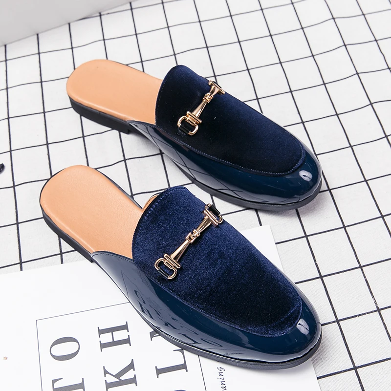 Men's Blue Black Patent Leather Half Slippers Casual Driving Shoes Metal Decora Mules Loafers Zapatos Hombre Comfortable Slip-On
Men's Blue Black Patent Leather Half Slippers Casual Driving Shoes Metal Decora Mules Loafers Zapatos Hombre Comfortable Slip-On