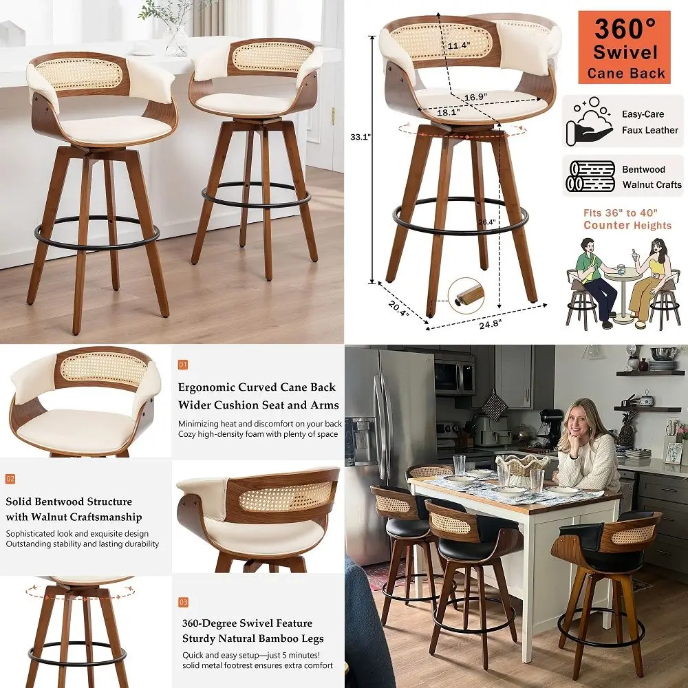 of 2 Rattan Swivel Counter Stools 26.4 inch Mid Century Modern Counter Stools with Cane Back, Upholstered Seat, Curved Arms, Ba
of 2 Rattan Swivel Counter Stools 26.4 inch Mid Century Modern Counter Stools with Cane Back, Upholstered Seat, Curved Arms, Ba