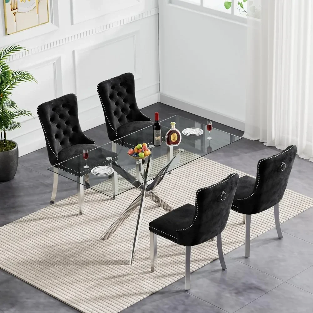 #5 Piece Glass Dining Table Set, 51" Rectangular Glass Table and 4 Velvet Upholstered Chairs, Glass Dining Table Set for 4
#5 Piece Glass Dining Table Set, 51" Rectangular Glass Table and 4 Velvet Upholstered Chairs, Glass Dining Table Set for 4