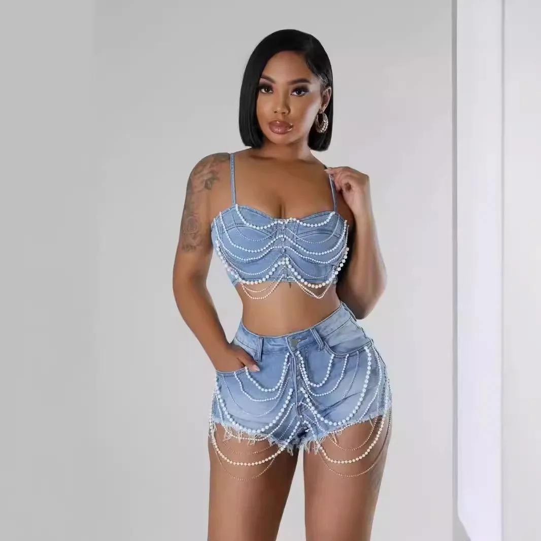 2024 cross-border European and American ins pearl diamond chain denim sling vest shorts set, sexy babes two-piece set for women
2024 cross-border European and American ins pearl diamond chain denim sling vest shorts set, sexy babes two-piece set for women