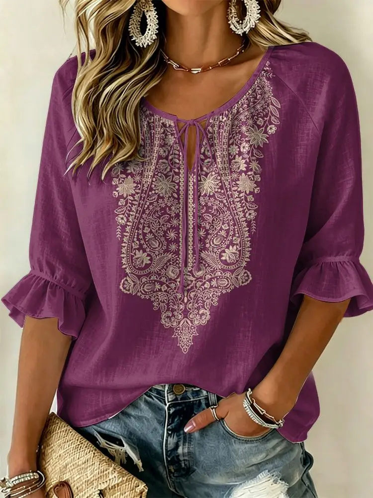 Women's Purple Embroidered Paisley Print Tie Neck Blouse, Casual Loose Tops for Spring Summer Daily Wear & Vacation Occasions
Women's Purple Embroidered Paisley Print Tie Neck Blouse, Casual Loose Tops for Spring Summer Daily Wear & Vacation Occasions