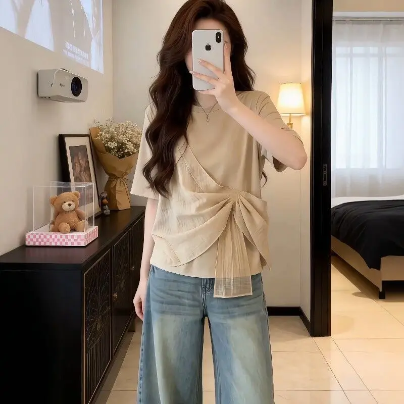 Womens Short Sleeve T Shirt Crew Neck Irregular Bow Knot Patchwork Ruched Casual Loose Blouse Top
Womens Short Sleeve T Shirt Crew Neck Irregular Bow Knot Patchwork Ruched Casual Loose Blouse Top