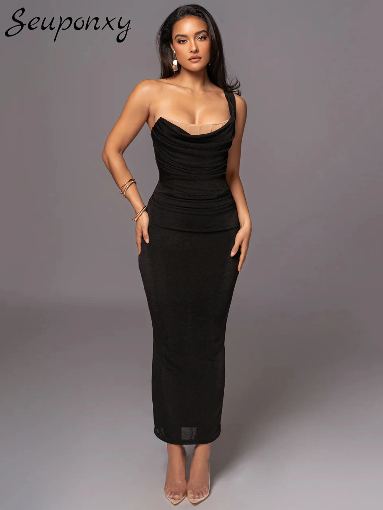 High Quality Women'S Black Sexy One Shoulder Sleeveless Mesh Pleated Bandage Maxi Dress Elegant Evening Party Dress Vestidos
High Quality Women'S Black Sexy One Shoulder Sleeveless Mesh Pleated Bandage Maxi Dress Elegant Evening Party Dress Vestidos