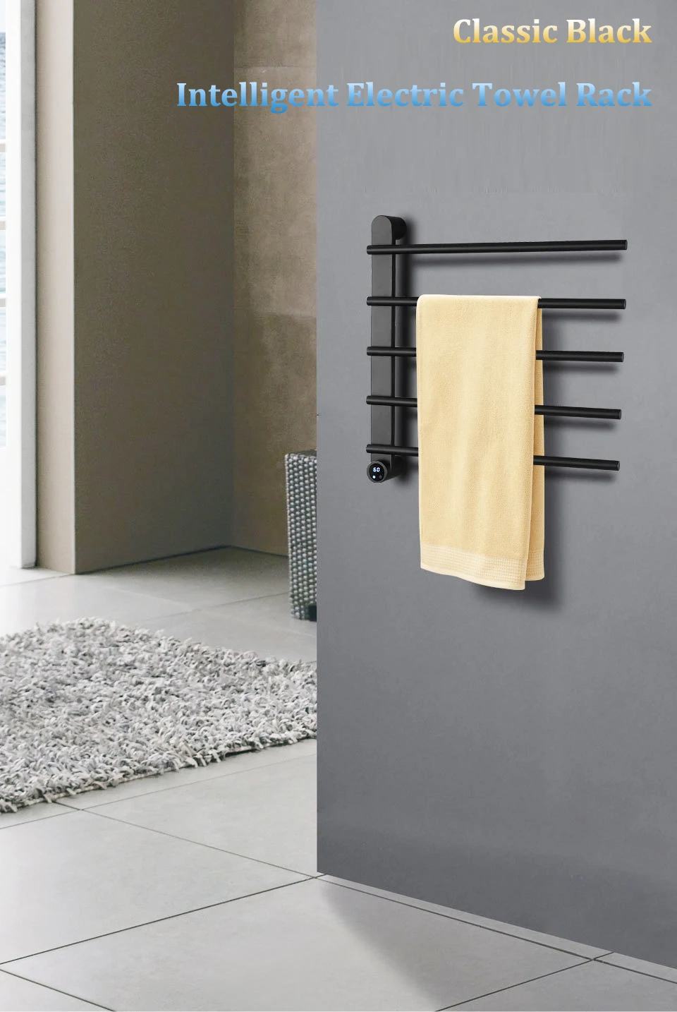 Classic Black Intelligent Electric Towel Rack 304 Stainless Steal Touch Screen Intelligent Bathroom Drying Rack
Classic Black Intelligent Electric Towel Rack 304 Stainless Steal Touch Screen Intelligent Bathroom Drying Rack