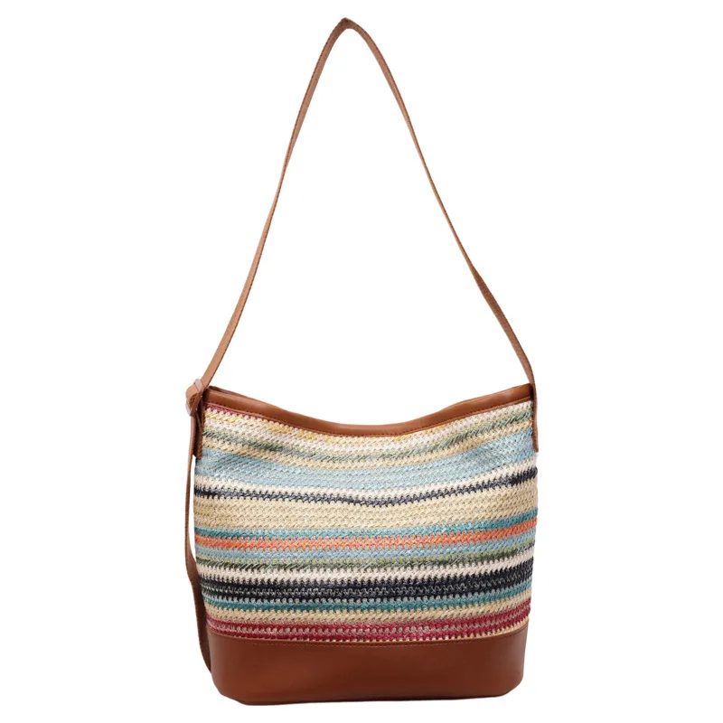Bohemian Hand-woven Straw Woven Shoulder Bucket Bag for Women Large Capacity Colored Straw Patchwork PU Leather Summer Beach Bag
Bohemian Hand-woven Straw Woven Shoulder Bucket Bag for Women Large Capacity Colored Straw Patchwork PU Leather Summer Beach Bag