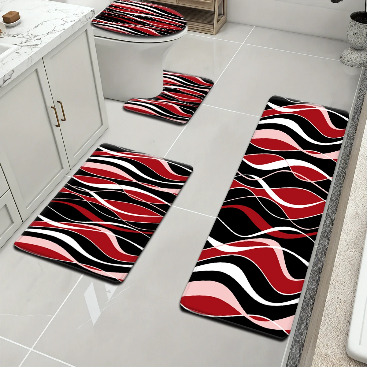 1 Set of Red Bathroom Water-absorbing and Non-slip Floor Mat Home Decorative Line Patterns Printed ,Soft,Four-pieces
1 Set of Red Bathroom Water-absorbing and Non-slip Floor Mat Home Decorative Line Patterns Printed ,Soft,Four-pieces