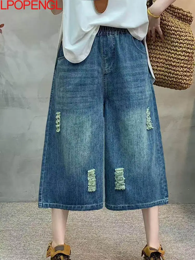 Women 2026 Summer New Trendy Washed Ripped Denim Straight Leg Pants Casual Elastic Waist Vintage Oversize Patchwork pocket Jeans
Women 2026 Summer New Trendy Washed Ripped Denim Straight Leg Pants Casual Elastic Waist Vintage Oversize Patchwork pocket Jeans