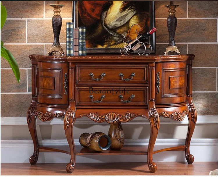 American rural solid wood semicircular entrance platform corridor living room sofa background cabinet
American rural solid wood semicircular entrance platform corridor living room sofa background cabinet