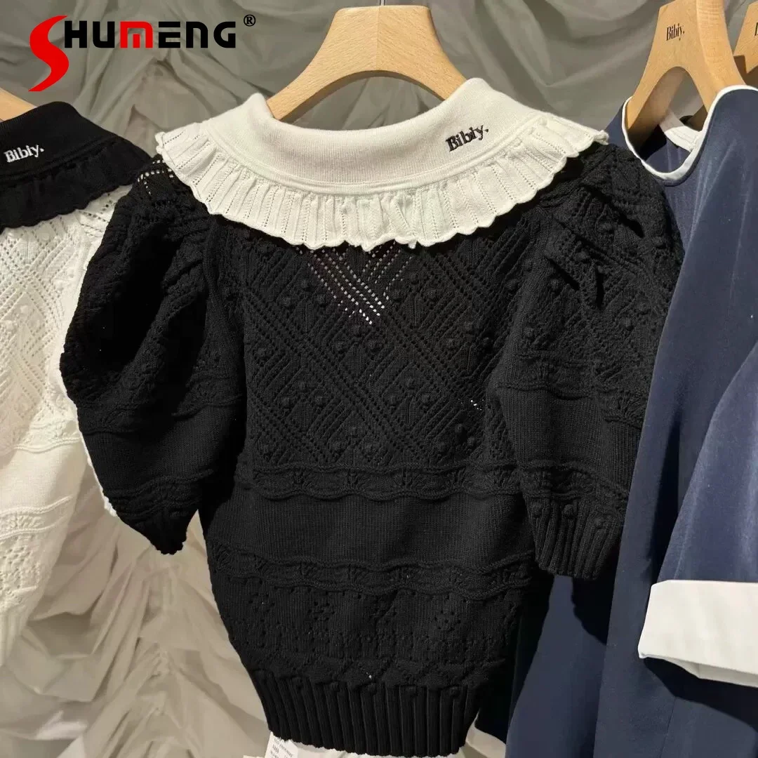 Japanese Sweet Black Knit Top Summer New 2025 Women's Sweet Loose Doll Collar Knitted T-shirt Women's Casual Hollow Out Clothes
Japanese Sweet Black Knit Top Summer New 2025 Women's Sweet Loose Doll Collar Knitted T-shirt Women's Casual Hollow Out Clothes