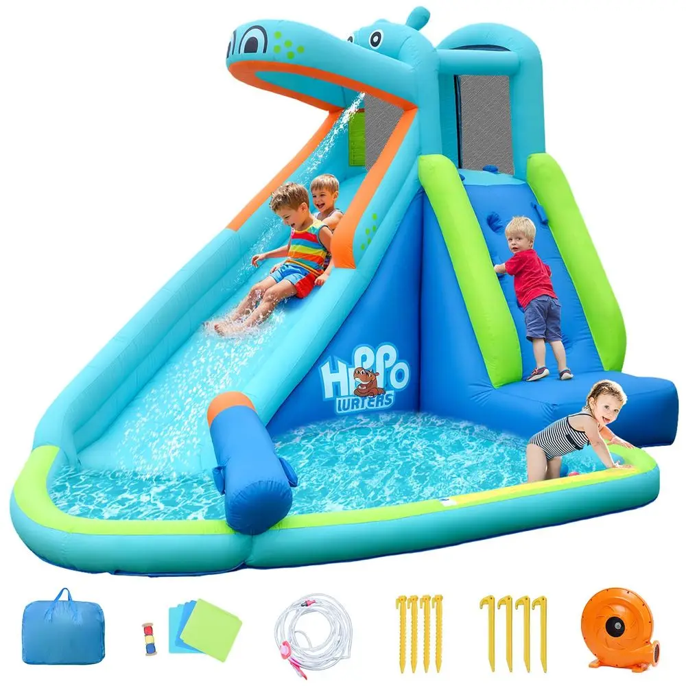 Inflatable Water Slide, Hippo Themed Bounce House Water Park with Slide Splash Pool Climbing Wall Water Gun, Outdoor Inflatable
Inflatable Water Slide, Hippo Themed Bounce House Water Park with Slide Splash Pool Climbing Wall Water Gun, Outdoor Inflatable