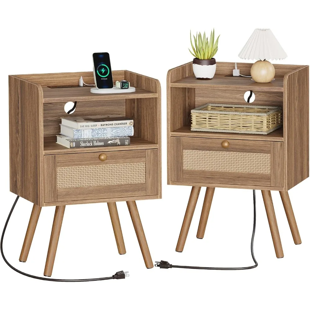 Nightstands Set of 2, Night Stands with Charging Station & PE Rattan Decor Drawer, Bed Side Tables with Solid Wood Feet, End Ta
Nightstands Set of 2, Night Stands with Charging Station & PE Rattan Decor Drawer, Bed Side Tables with Solid Wood Feet, End Ta