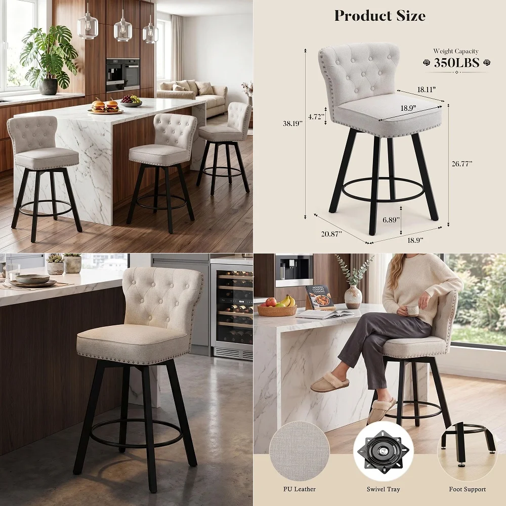Height Bar Stools Set of 3, 26 MidCentury Swivel Bar Stool with Metal Base for Kitchen Island, Rivet Armless Linen Fabric Barst
Height Bar Stools Set of 3, 26 MidCentury Swivel Bar Stool with Metal Base for Kitchen Island, Rivet Armless Linen Fabric Barst