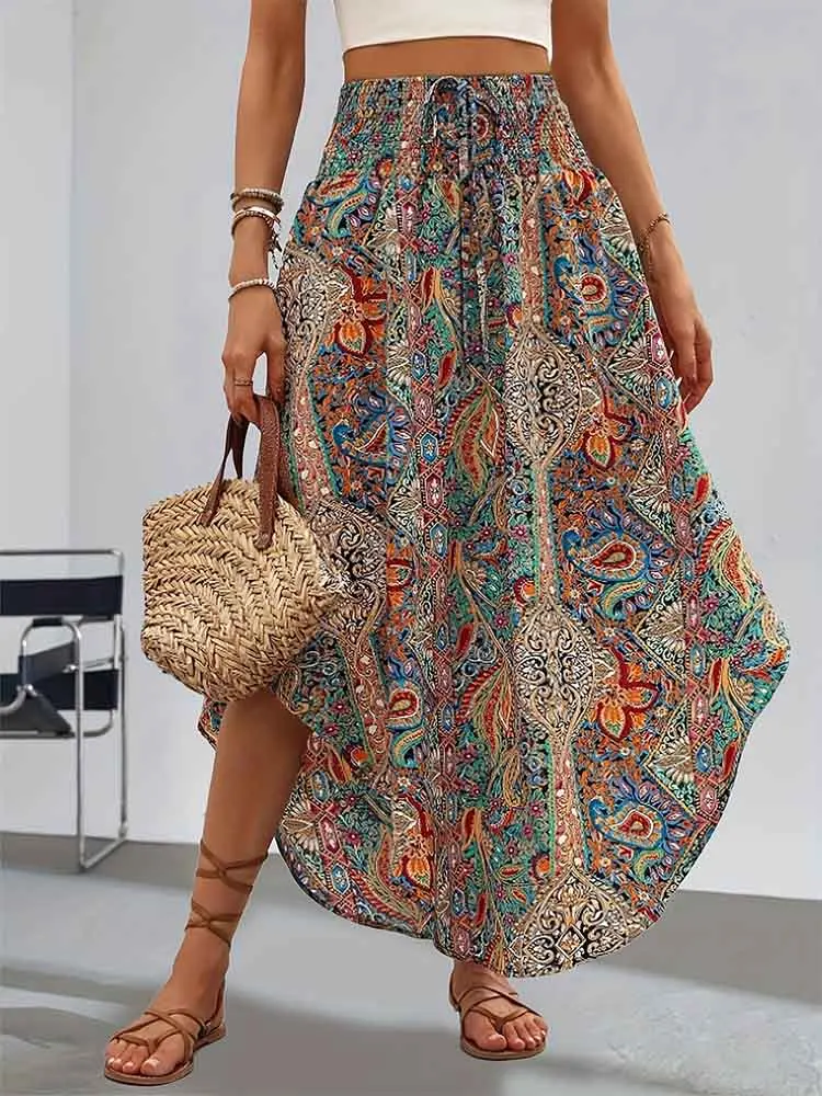 Europe and the United States fashion women's exotic wind pull rope with high waist half printed long skirt summer girl
Europe and the United States fashion women's exotic wind pull rope with high waist half printed long skirt summer girl