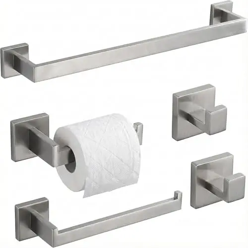 5-Piece Modern Square Brushed Nickel Bathroom Accessories Set: 16-Inch Towel Bar, Toilet Paper Holder, And Robe Hooks In SUS304
5-Piece Modern Square Brushed Nickel Bathroom Accessories Set: 16-Inch Towel Bar, Toilet Paper Holder, And Robe Hooks In SUS304