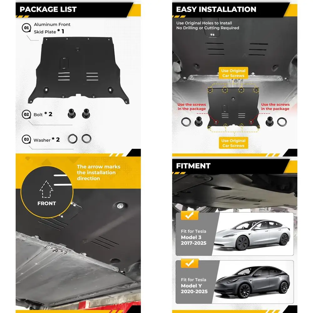 Aluminum Front Skid Plate Fits for Tesla Model 3 2017-2025 & Tesla Model Y 2020-2025 Guard Plate Under Engine Guard Cover Chassi
Aluminum Front Skid Plate Fits for Tesla Model 3 2017-2025 & Tesla Model Y 2020-2025 Guard Plate Under Engine Guard Cover Chassi
