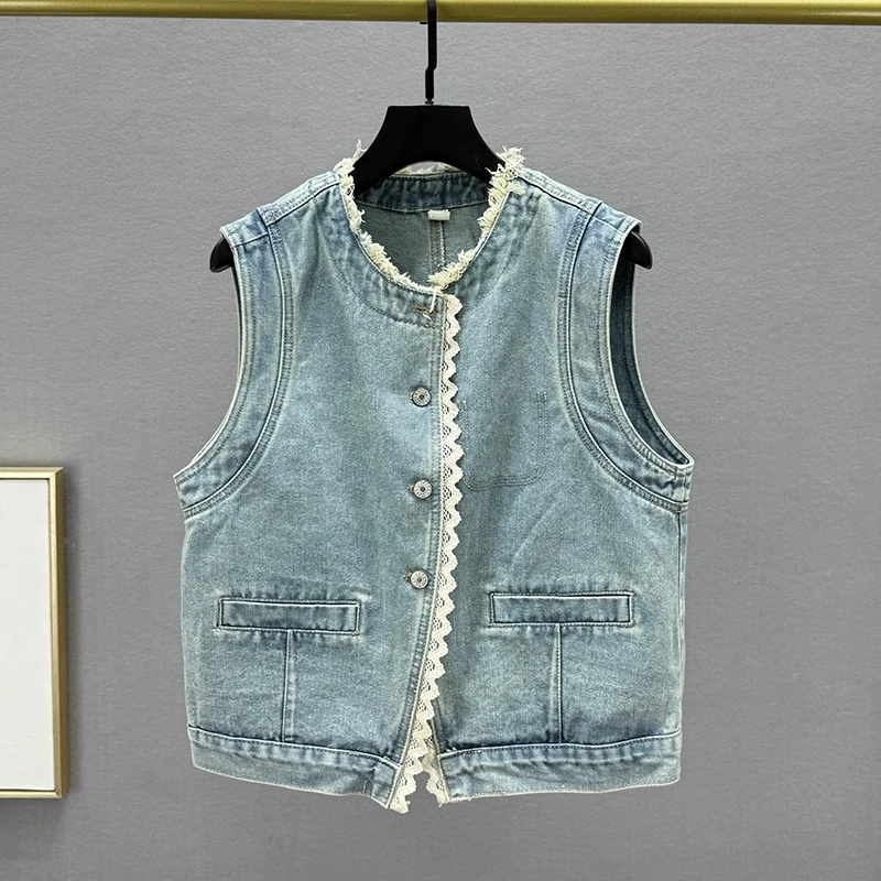 Summer Women Blue Short Denim Vest Casual Frayed Burrs Round Collar Lace Patchwork Single-Breasted Sleeveless Cowboy Waistcoat
Summer Women Blue Short Denim Vest Casual Frayed Burrs Round Collar Lace Patchwork Single-Breasted Sleeveless Cowboy Waistcoat