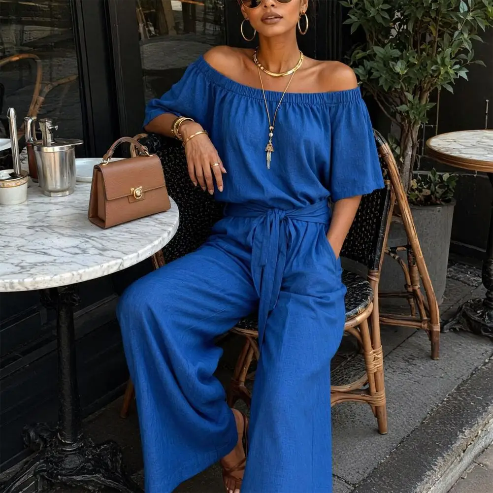 Comfortable Jumpsuit Women's Off Shoulder Jumpsuit with Tie Waist Short Sleeve Wide Leg Rompers Summer Casual One for Women
Comfortable Jumpsuit Women's Off Shoulder Jumpsuit with Tie Waist Short Sleeve Wide Leg Rompers Summer Casual One for Women