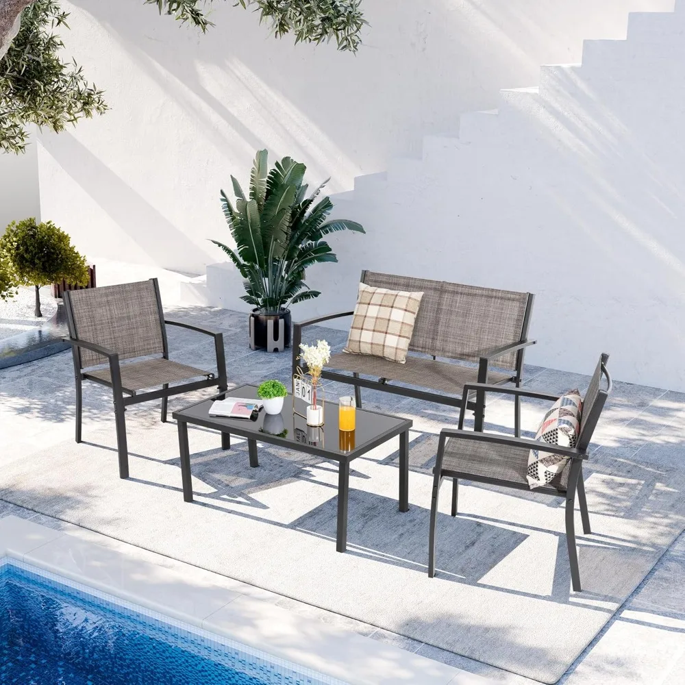 Outdoor conversation set with glass coffee table, love seat, 2 single chairs, perfect for families
Outdoor conversation set with glass coffee table, love seat, 2 single chairs, perfect for families
