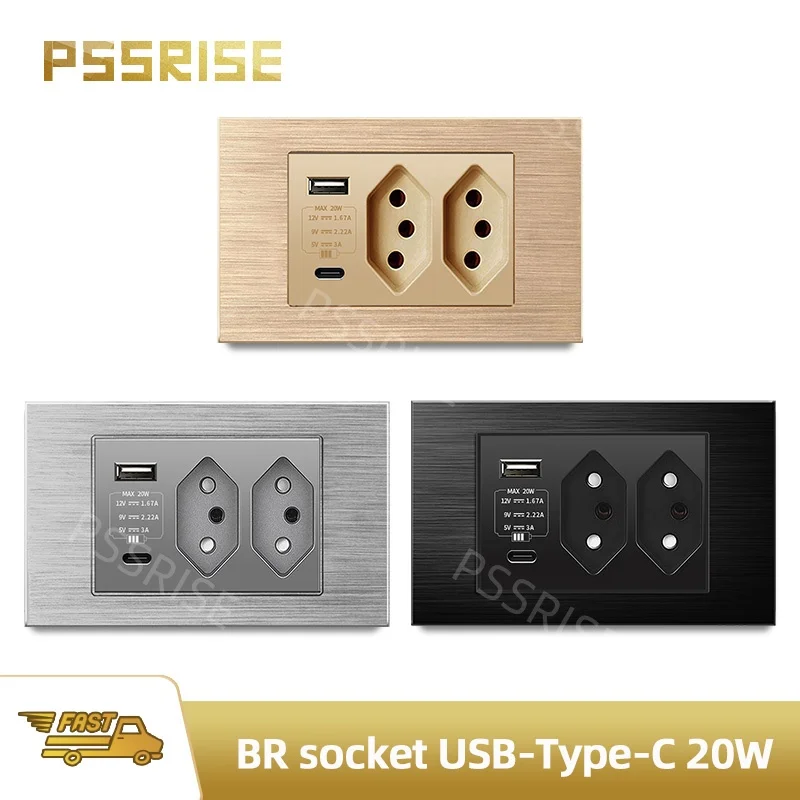 PSSRISE Aluminium Panel Brazil Standard Sockets 20W USB Type C Integrated Power Outlet Wall Sockets Phone Fast Charge 118mm*72mm
PSSRISE Aluminium Panel Brazil Standard Sockets 20W USB Type C Integrated Power Outlet Wall Sockets Phone Fast Charge 118mm*72mm