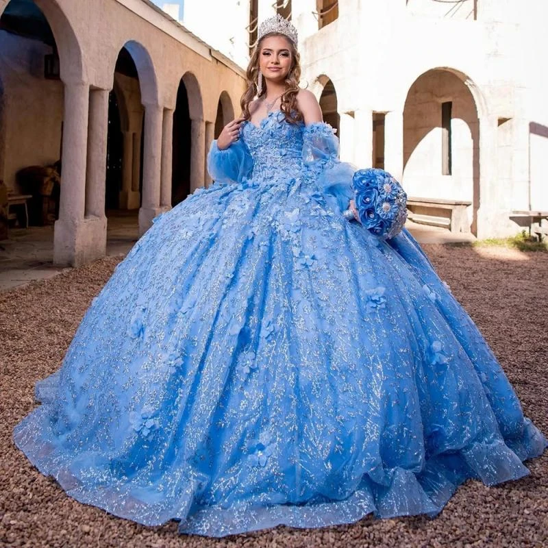 Light Blue 3D Flowers Glitter Crystal Ball Gown Quinceanera Dresses Detachable Sleeve Corset Vestidos De 15 Años
Light Blue 3D Flowers Glitter Crystal Ball Gown Quinceanera Dresses Detachable Sleeve Corset Vestidos De 15 Años