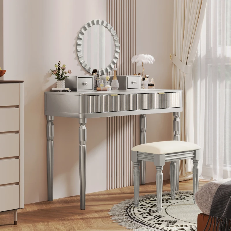 Vanity Desk With Round Mirror Height-Adjustable Stylish Dressing Table Set 4 Drawers & Stool Sier
Vanity Desk With Round Mirror Height-Adjustable Stylish Dressing Table Set 4 Drawers & Stool Sier