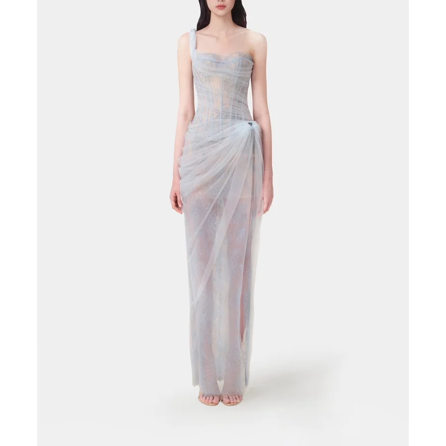 Putao Women Light Blue Tulle Formal Gown One Shoulder Corset Draped Ruched High Slit Maxi Evening Dress For Formal Occasions
Putao Women Light Blue Tulle Formal Gown One Shoulder Corset Draped Ruched High Slit Maxi Evening Dress For Formal Occasions