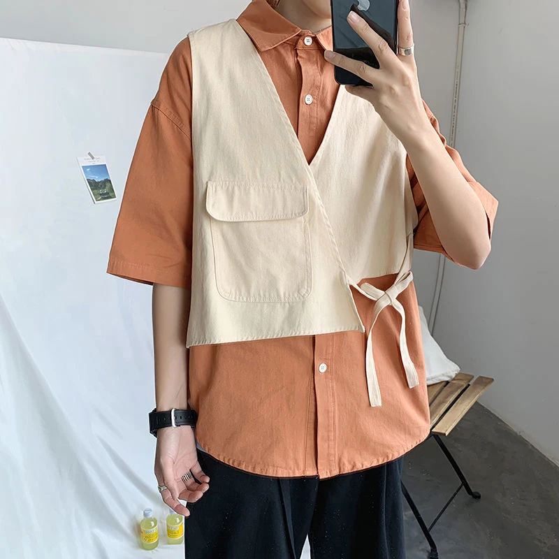 Summer Fake Two Pieces Loose Casual Japanese Style Lace Up Shirt Male Half Sleeve Harajuku Y2K All-match Cardigan Blouse Top Men
Summer Fake Two Pieces Loose Casual Japanese Style Lace Up Shirt Male Half Sleeve Harajuku Y2K All-match Cardigan Blouse Top Men